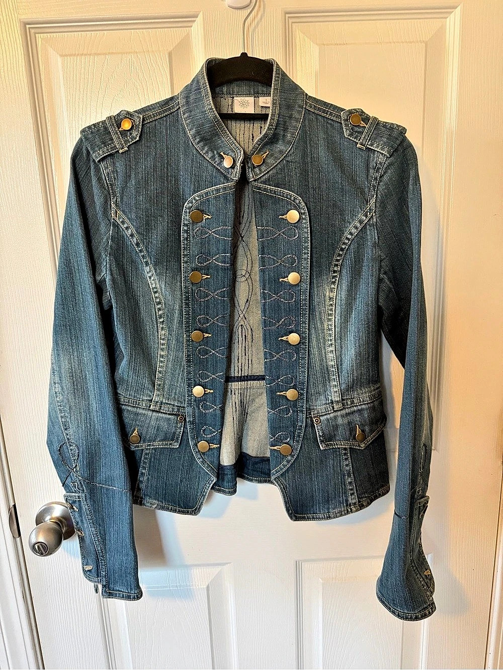 Caslon Embroidered Denim Military Jacket Gold Button Size S